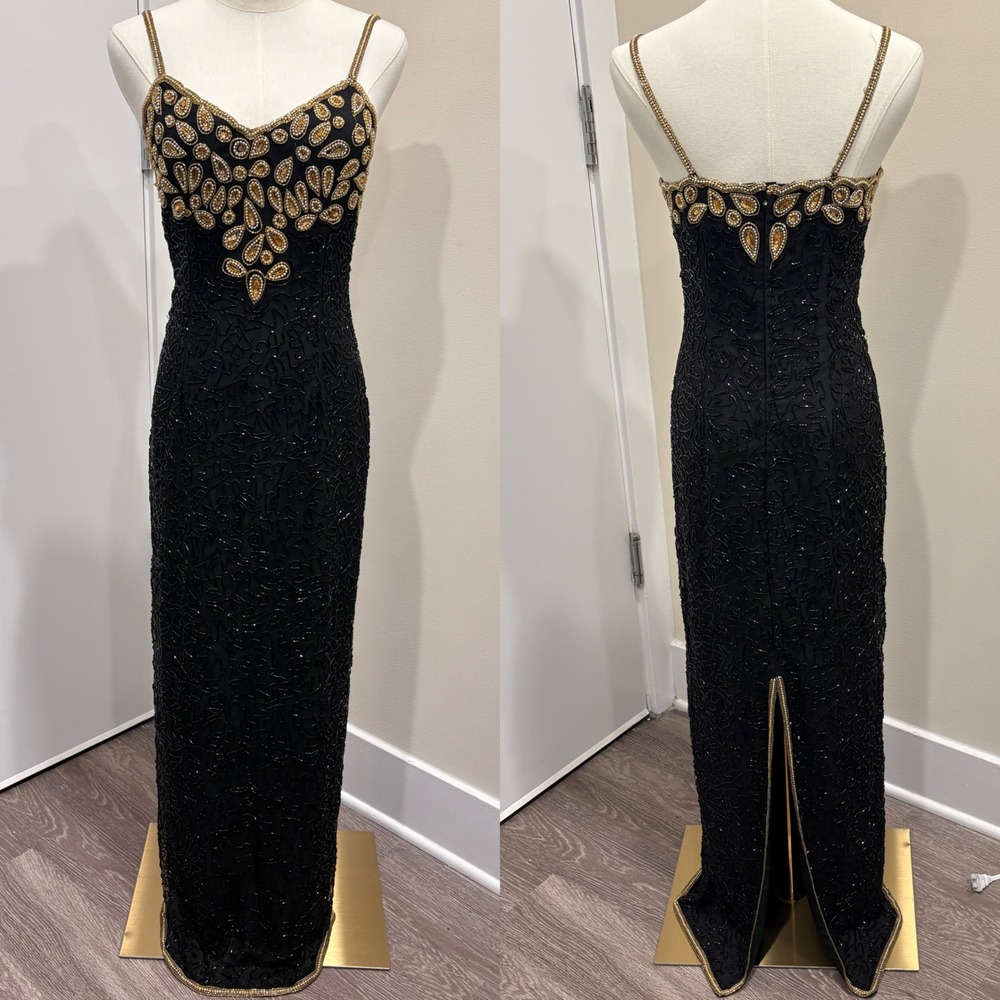 VTG 90s Mark & John by Gopal Beaded Silk Column Gown Black Gold XS Prom Cocktail